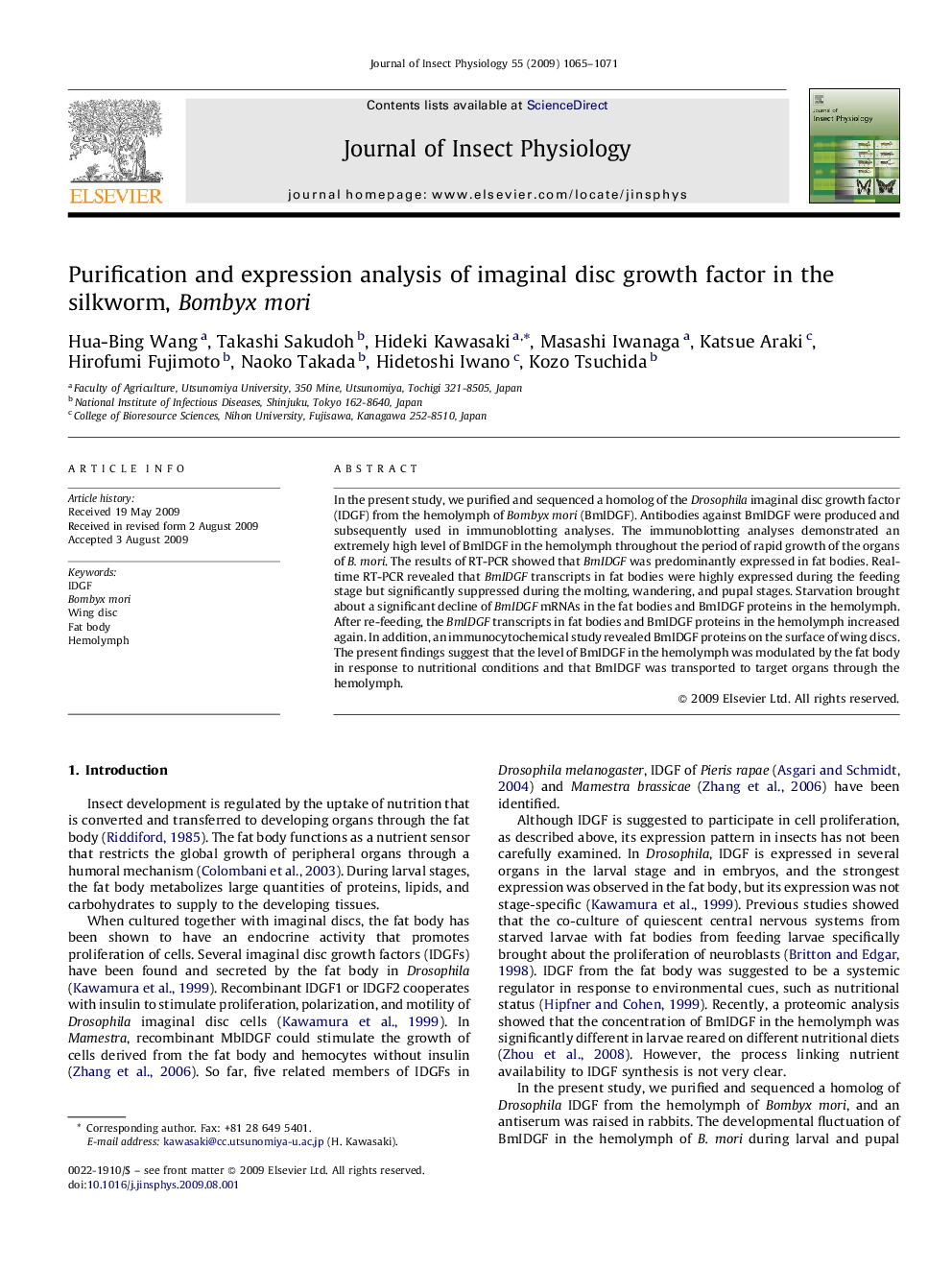 Purification and expression analysis of imaginal disc growth factor in the silkworm, Bombyx mori