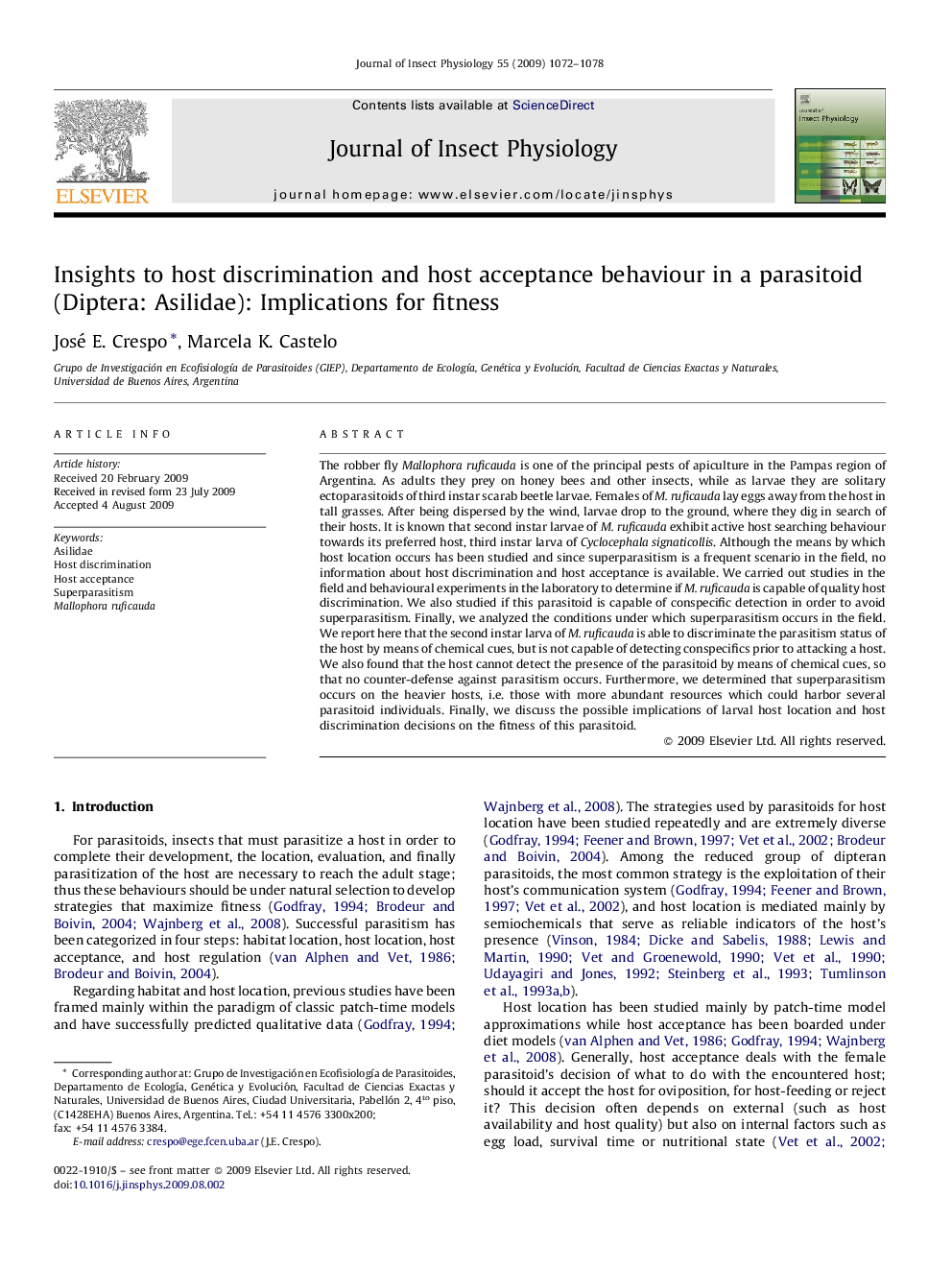 Insights to host discrimination and host acceptance behaviour in a parasitoid (Diptera: Asilidae): Implications for fitness