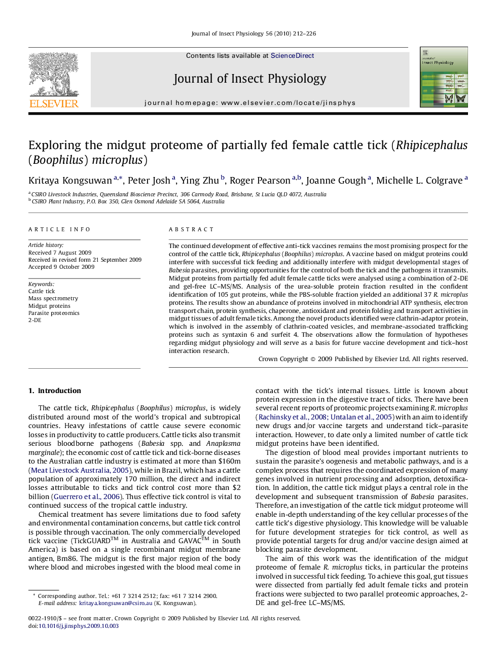 Exploring the midgut proteome of partially fed female cattle tick (Rhipicephalus (Boophilus) microplus)