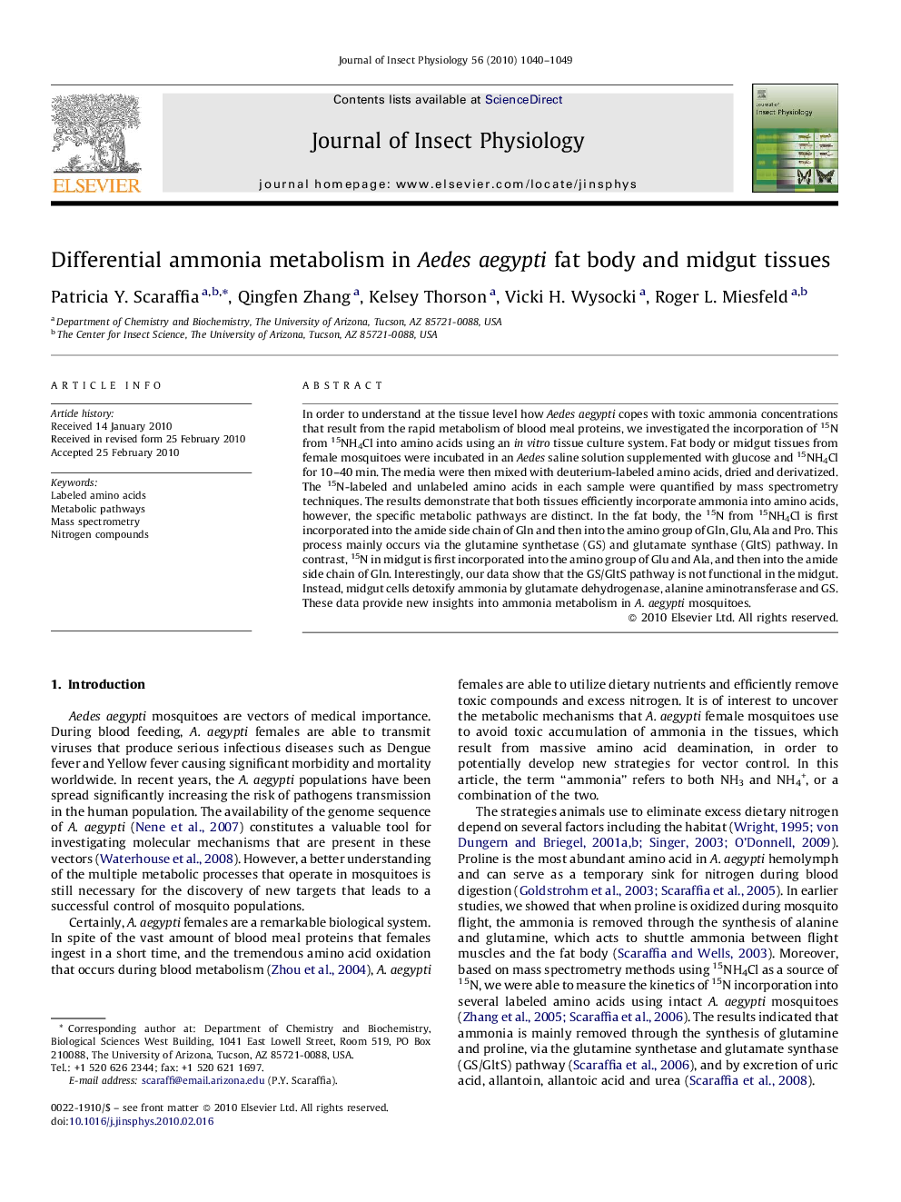 Differential ammonia metabolism in Aedes aegypti fat body and midgut tissues