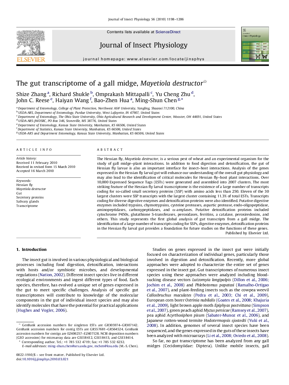 The gut transcriptome of a gall midge, Mayetiola destructor 