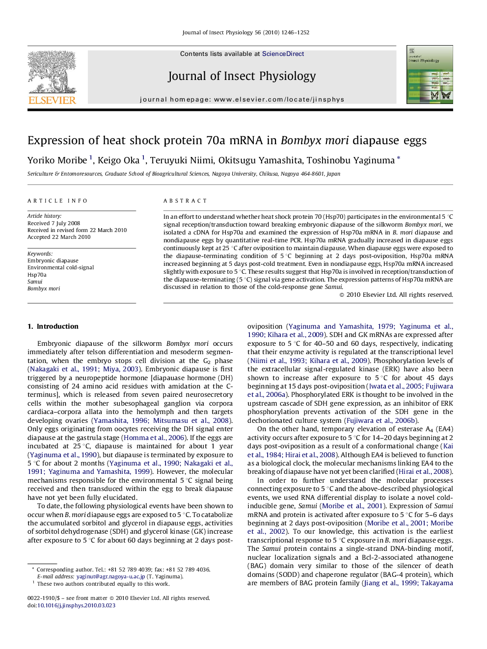 Expression of heat shock protein 70a mRNA in Bombyx mori diapause eggs