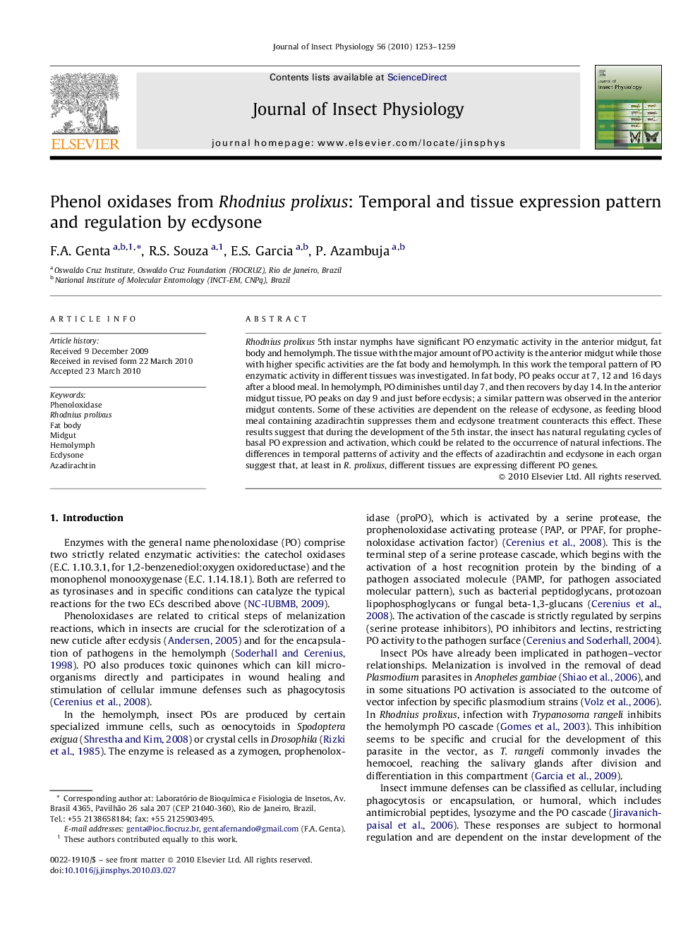 Phenol oxidases from Rhodnius prolixus: Temporal and tissue expression pattern and regulation by ecdysone