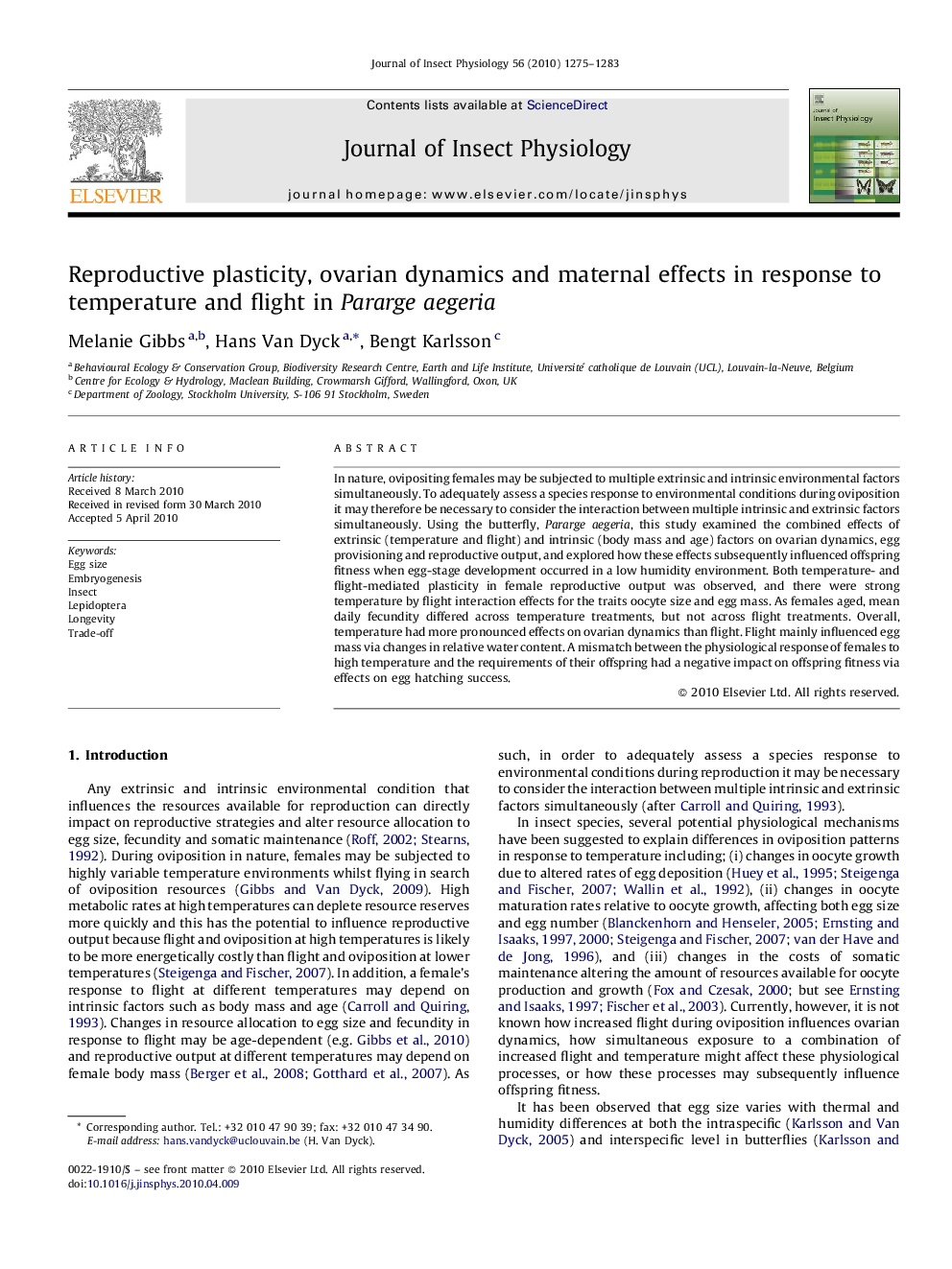 Reproductive plasticity, ovarian dynamics and maternal effects in response to temperature and flight in Pararge aegeria