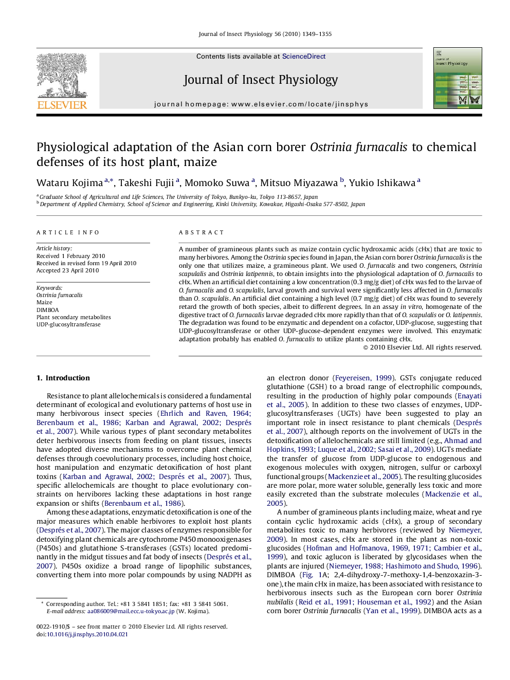 Physiological adaptation of the Asian corn borer Ostrinia furnacalis to chemical defenses of its host plant, maize