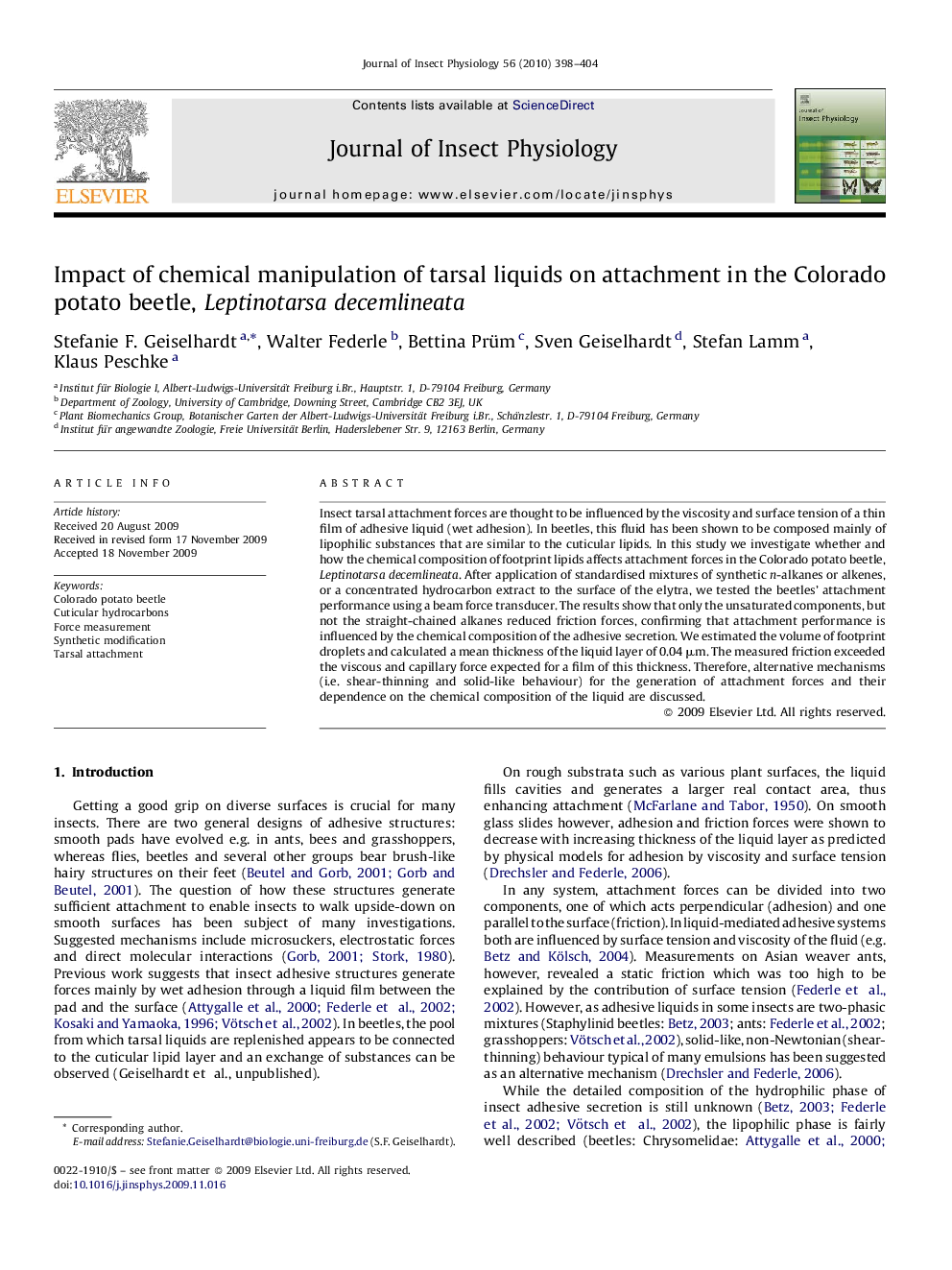 Impact of chemical manipulation of tarsal liquids on attachment in the Colorado potato beetle, Leptinotarsa decemlineata