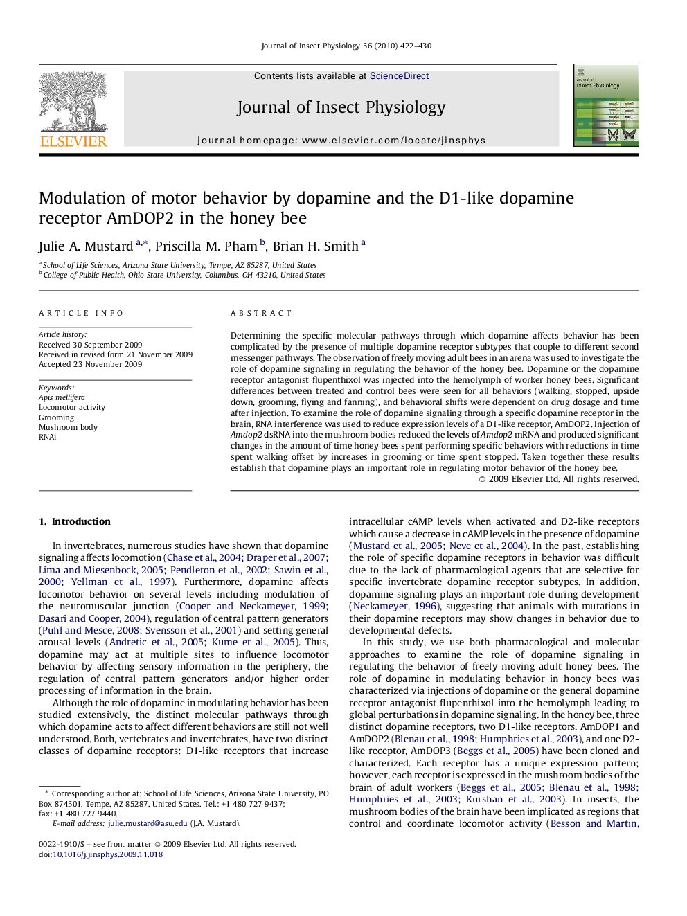 Modulation of motor behavior by dopamine and the D1-like dopamine receptor AmDOP2 in the honey bee