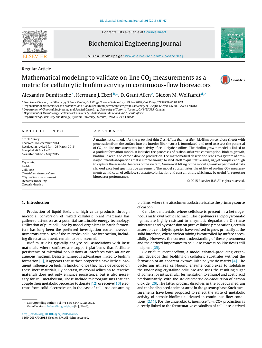 عکس صفحه اول مقاله: Mathematical modeling to validate on-line CO2 measurements as a metric for cellulolytic biofilm activity in continuous-flow bioreactors Mathematical modeling to validate on-line CO2 measurements as a metric for cellulolytic biofilm activity in continuous-flow bioreactors