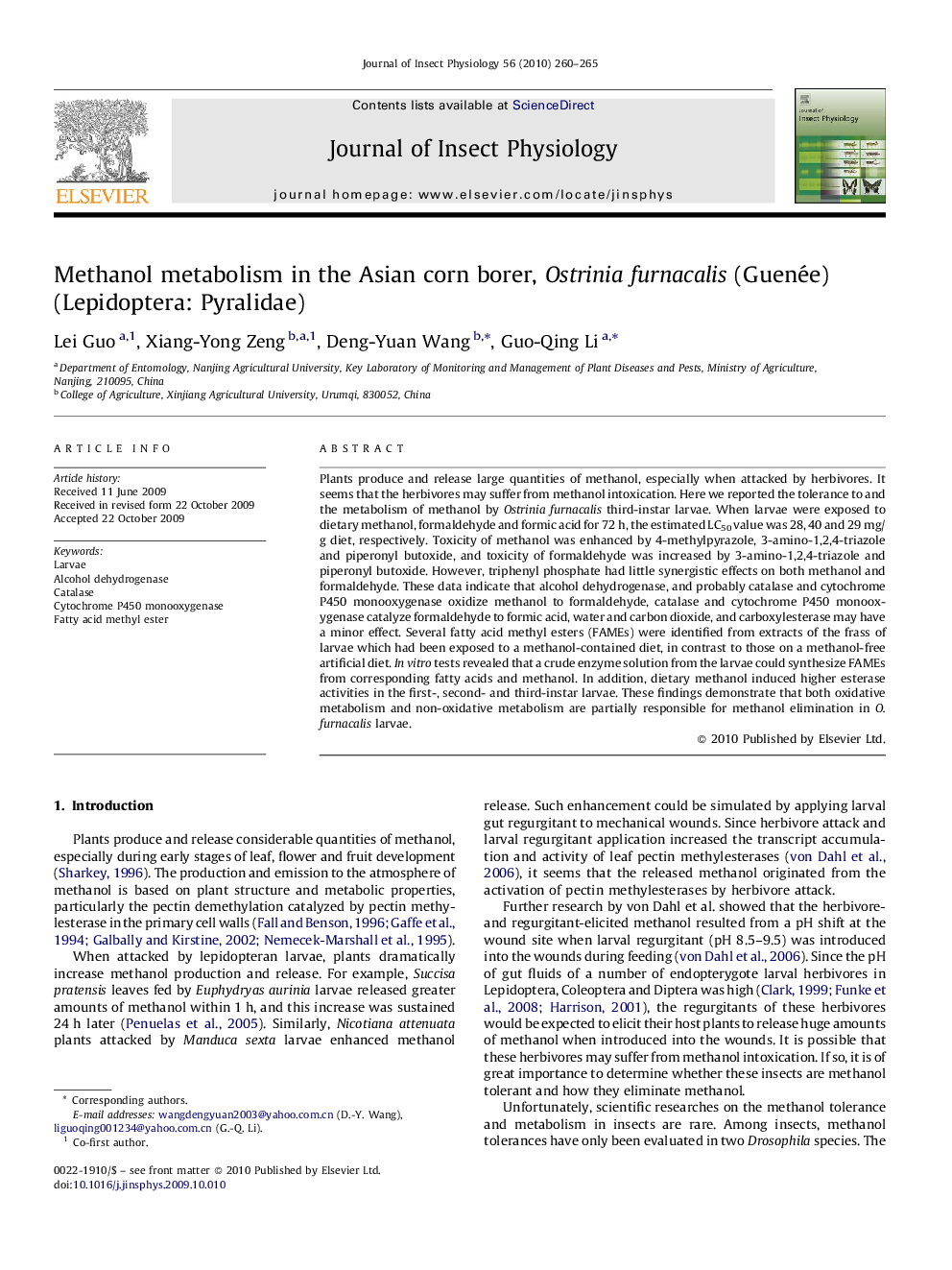 Methanol metabolism in the Asian corn borer, Ostrinia furnacalis (Guenée) (Lepidoptera: Pyralidae)