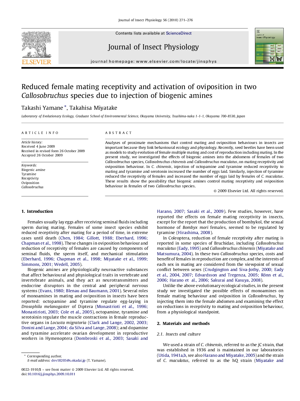 Reduced female mating receptivity and activation of oviposition in two Callosobruchus species due to injection of biogenic amines