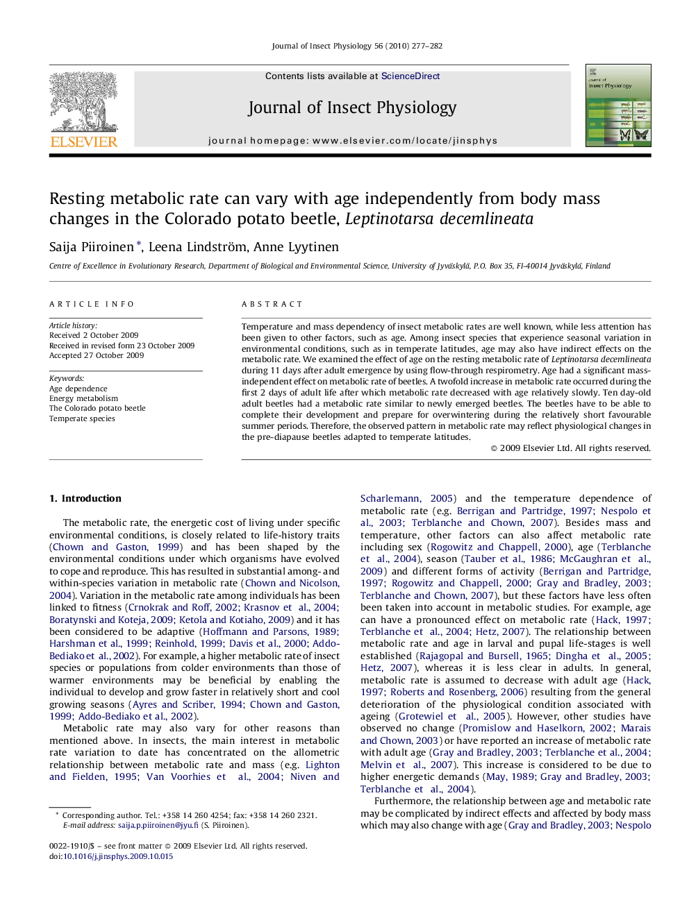 Resting metabolic rate can vary with age independently from body mass changes in the Colorado potato beetle, Leptinotarsa decemlineata