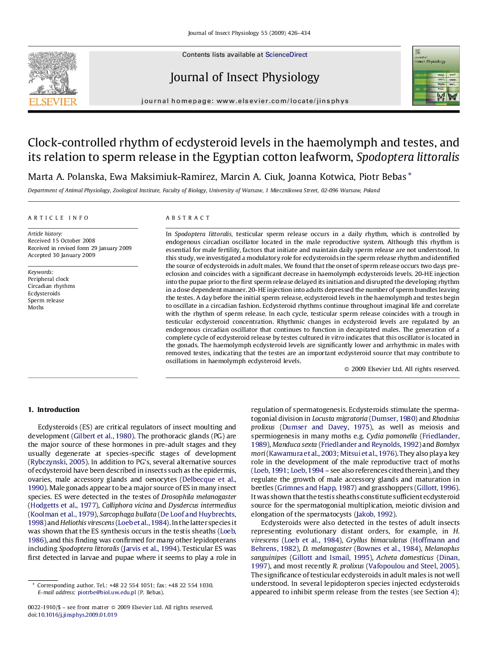 Clock-controlled rhythm of ecdysteroid levels in the haemolymph and testes, and its relation to sperm release in the Egyptian cotton leafworm, Spodoptera littoralis