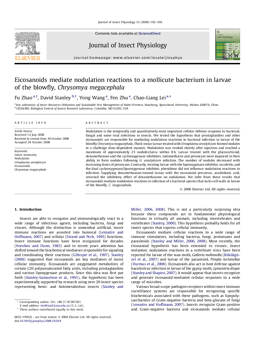 Eicosanoids mediate nodulation reactions to a mollicute bacterium in larvae of the blowfly, Chrysomya megacephala