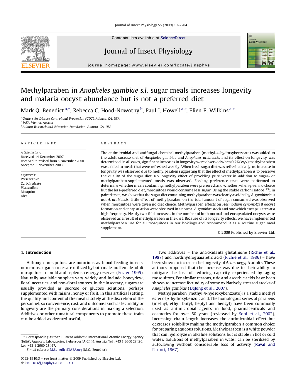 Methylparaben in Anopheles gambiae s.l. sugar meals increases longevity and malaria oocyst abundance but is not a preferred diet