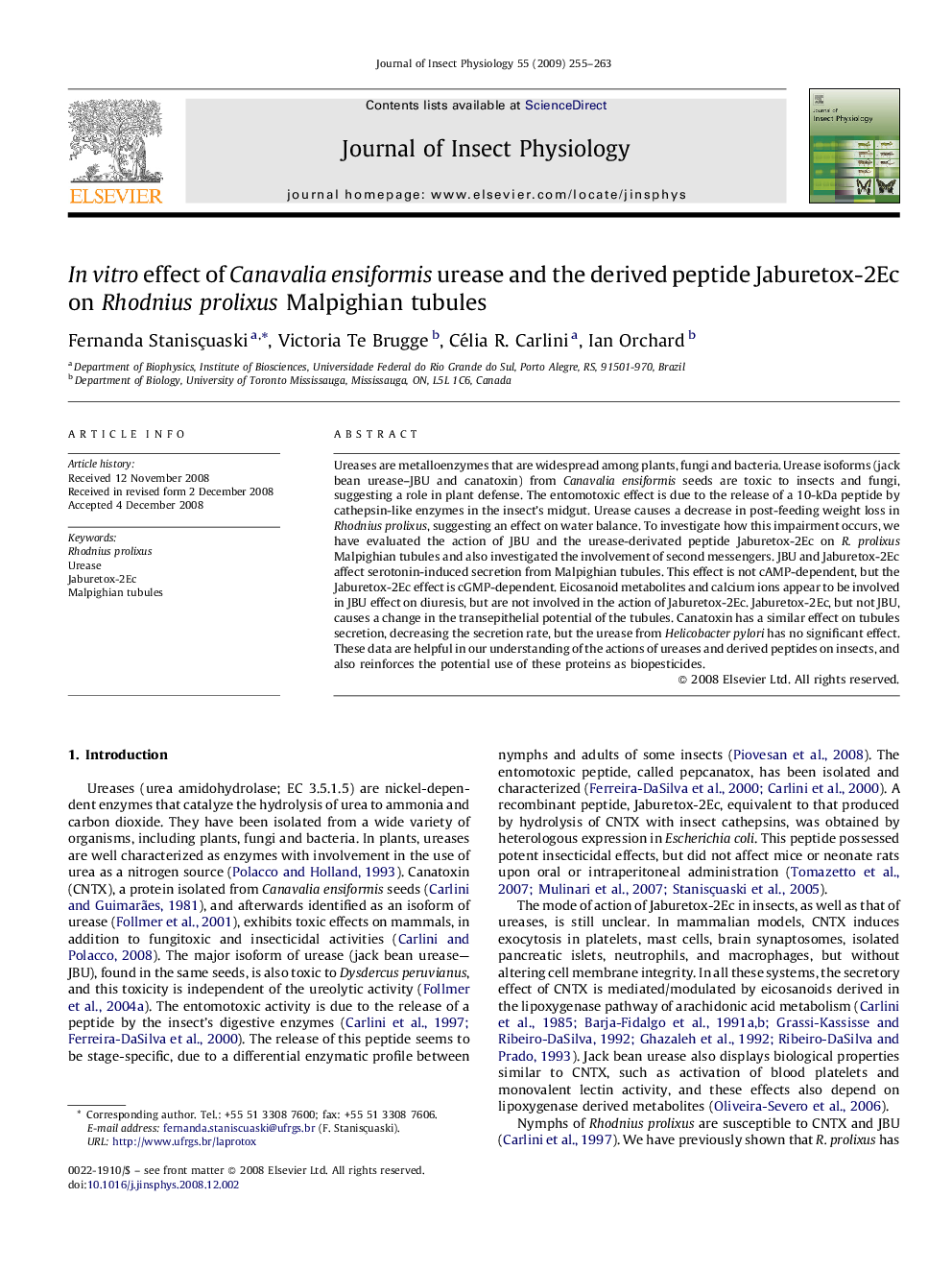 Invitro effect of Canavalia ensiformis urease and the derived peptide Jaburetox-2Ec on Rhodnius prolixus Malpighian tubules