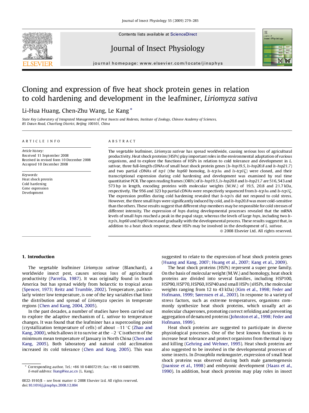 Cloning and expression of five heat shock protein genes in relation to cold hardening and development in the leafminer, Liriomyza sativa