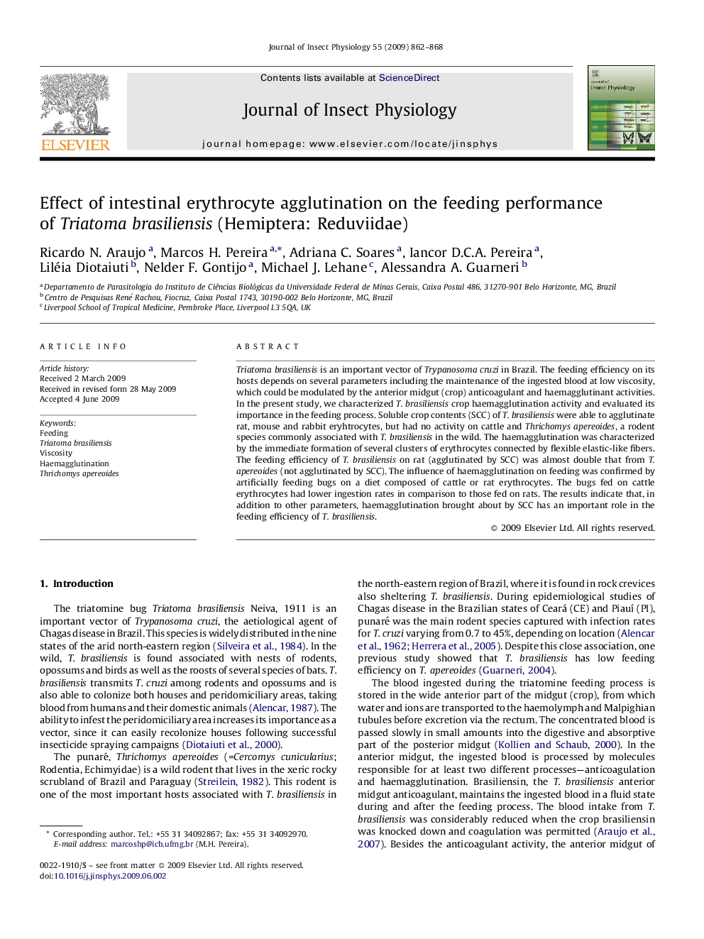 Effect of intestinal erythrocyte agglutination on the feeding performance of Triatoma brasiliensis (Hemiptera: Reduviidae)