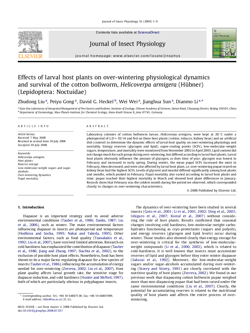 Effects of larval host plants on over-wintering physiological dynamics and survival of the cotton bollworm, Helicoverpa armigera (Hübner) (Lepidoptera: Noctuidae)