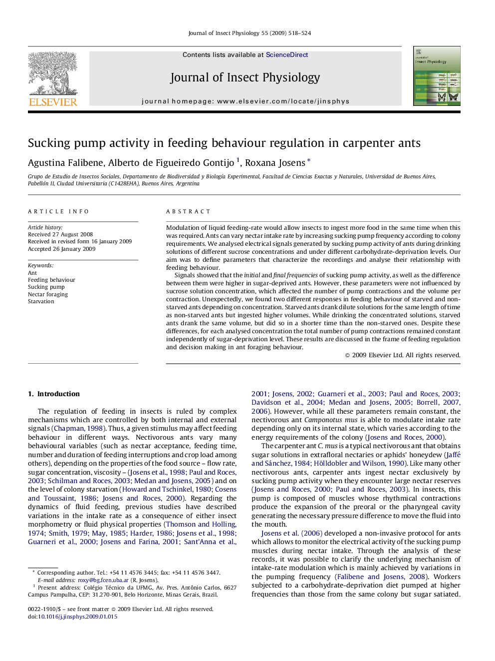 Sucking pump activity in feeding behaviour regulation in carpenter ants