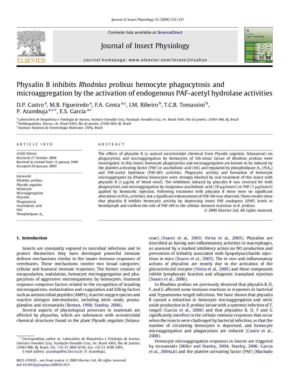 Physalin B inhibits Rhodnius prolixus hemocyte phagocytosis and microaggregation by the activation of endogenous PAF-acetyl hydrolase activities