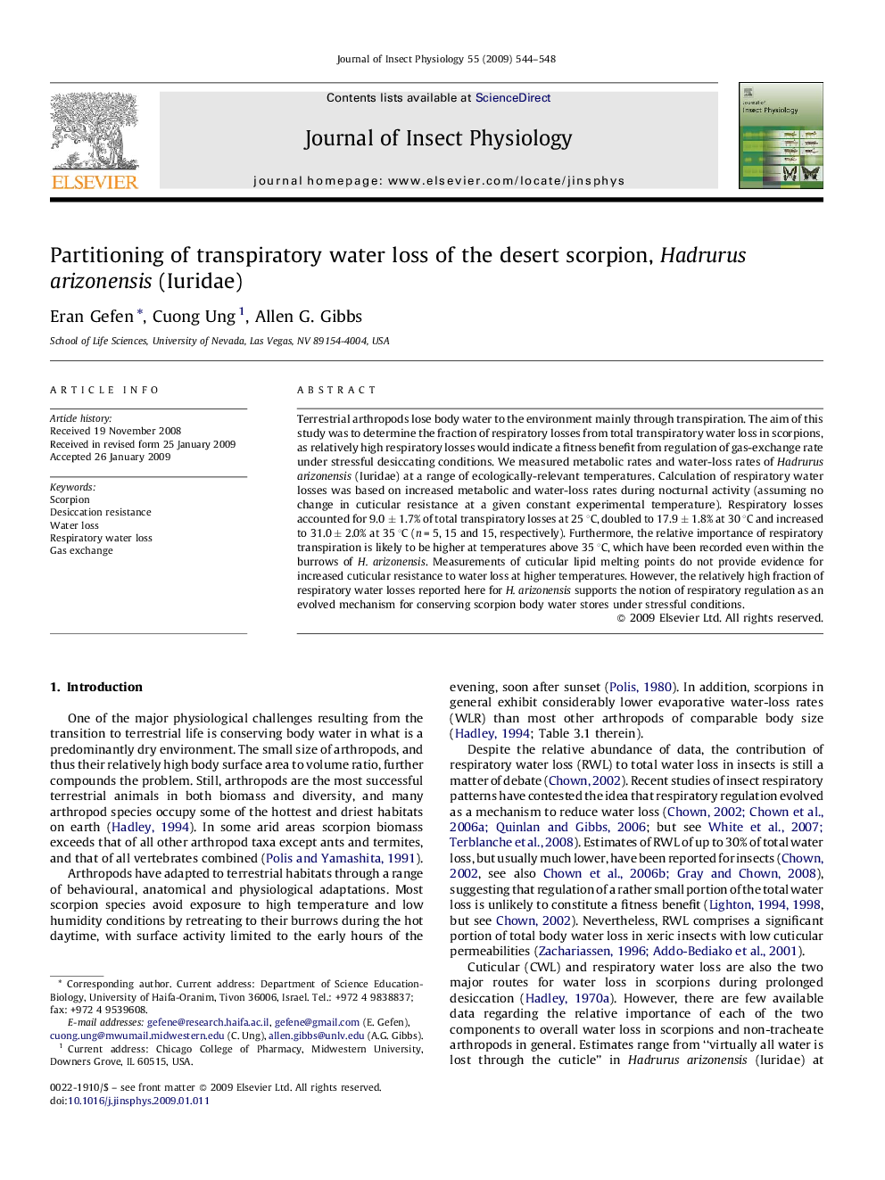 Partitioning of transpiratory water loss of the desert scorpion, Hadrurus arizonensis (Iuridae)