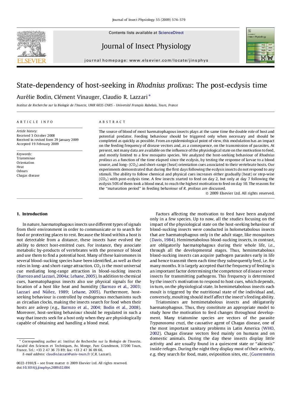 State-dependency of host-seeking in Rhodnius prolixus: The post-ecdysis time