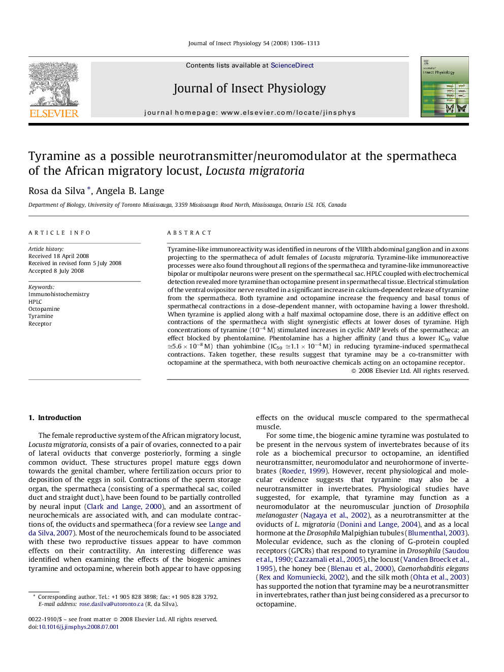 Tyramine as a possible neurotransmitter/neuromodulator at the spermatheca of the African migratory locust, Locusta migratoria