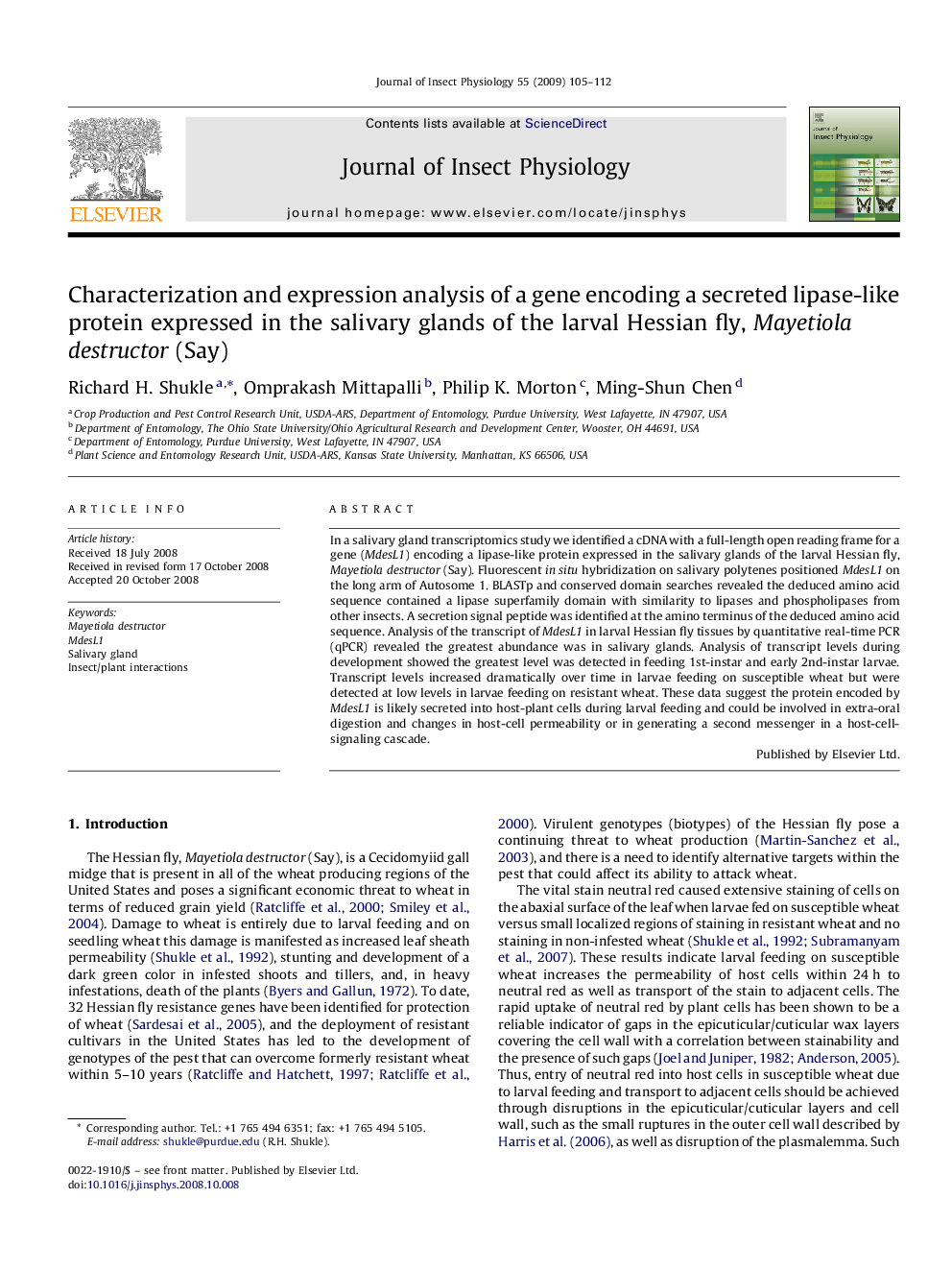 Characterization and expression analysis of a gene encoding a secreted lipase-like protein expressed in the salivary glands of the larval Hessian fly, Mayetiola destructor (Say)