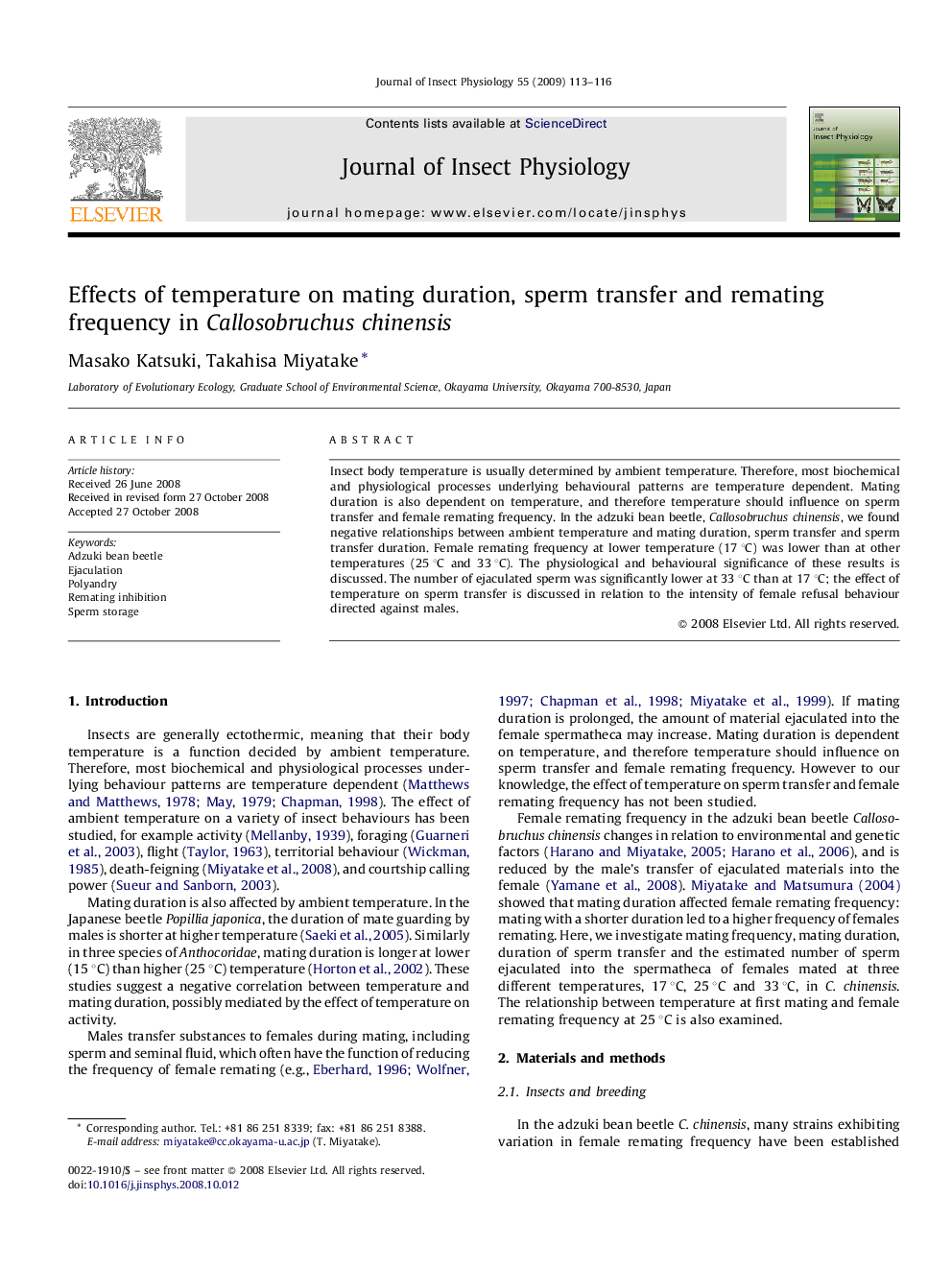 Effects of temperature on mating duration, sperm transfer and remating frequency in Callosobruchus chinensis