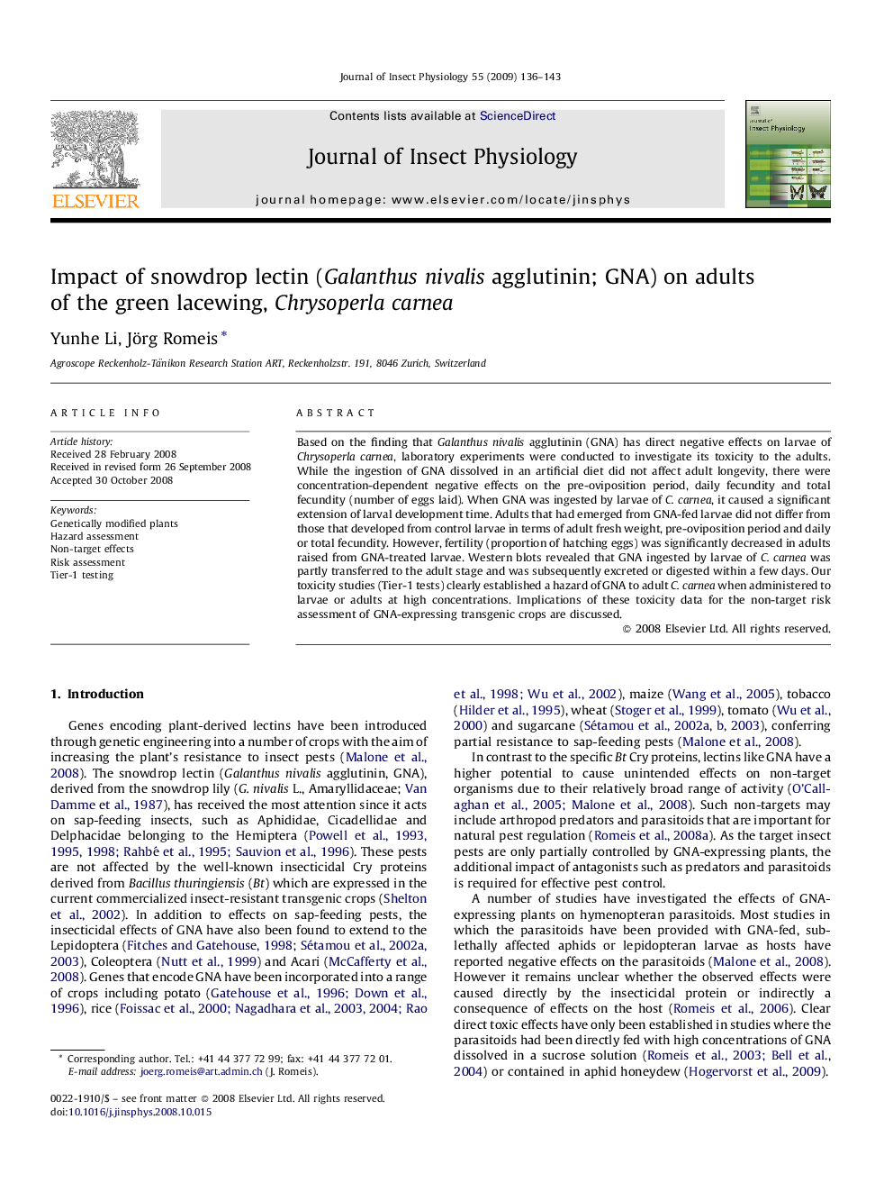 Impact of snowdrop lectin (Galanthus nivalis agglutinin; GNA) on adults of the green lacewing, Chrysoperla carnea