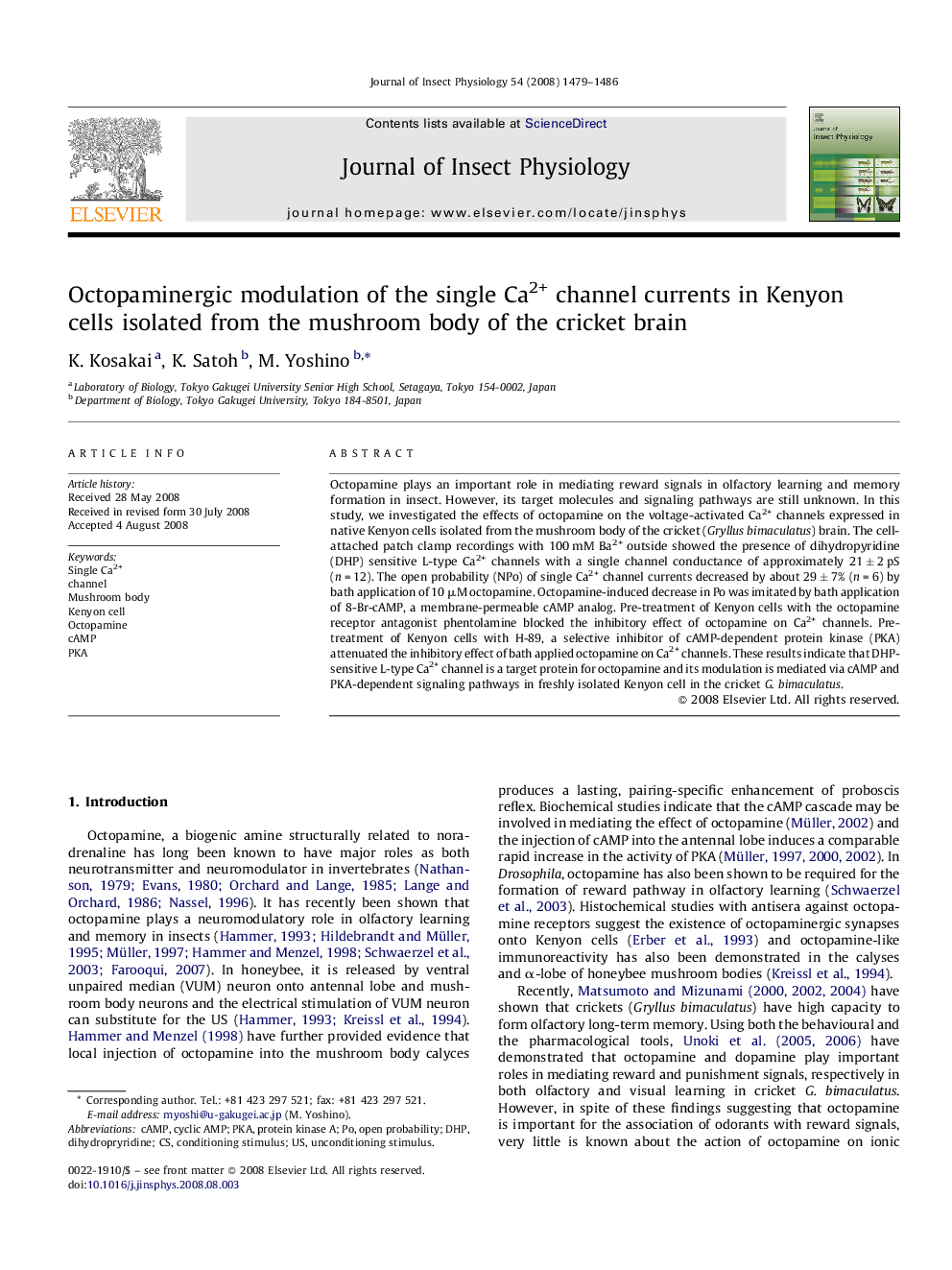 Octopaminergic modulation of the single Ca2+ channel currents in Kenyon cells isolated from the mushroom body of the cricket brain