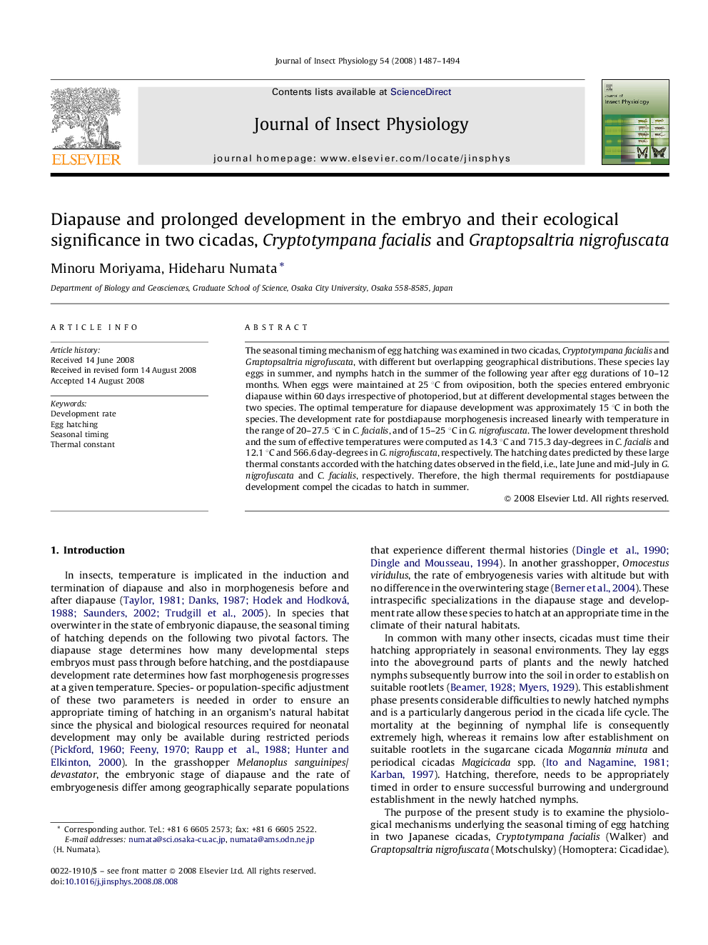 Diapause and prolonged development in the embryo and their ecological significance in two cicadas, Cryptotympana facialis and Graptopsaltria nigrofuscata