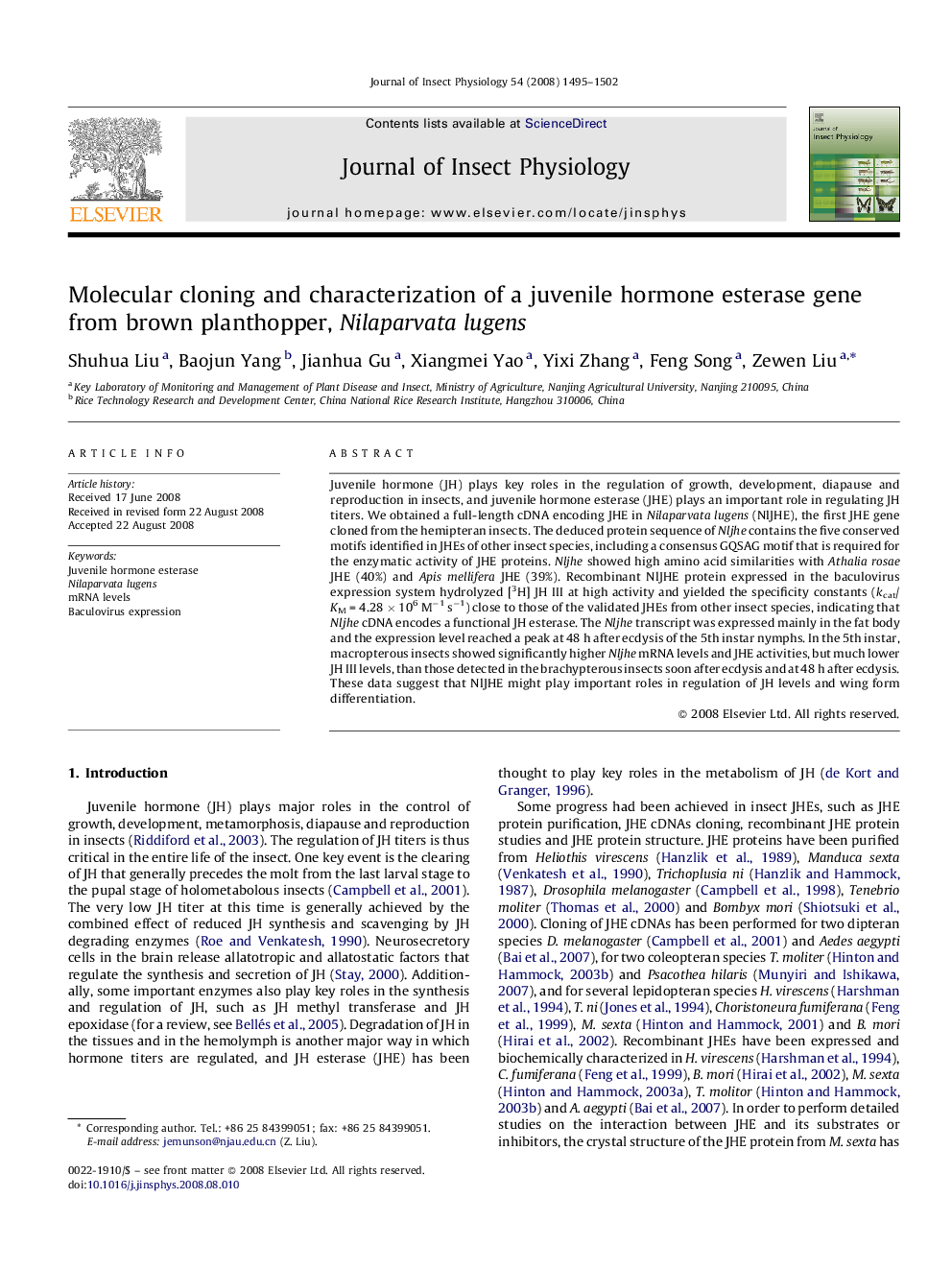 Molecular cloning and characterization of a juvenile hormone esterase gene from brown planthopper, Nilaparvata lugens