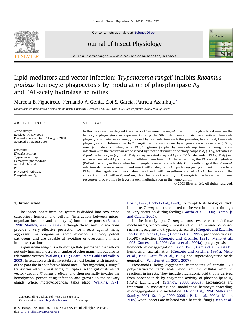 Lipid mediators and vector infection: Trypanosoma rangeli inhibits Rhodnius prolixus hemocyte phagocytosis by modulation of phospholipase A2 and PAF-acetylhydrolase activities