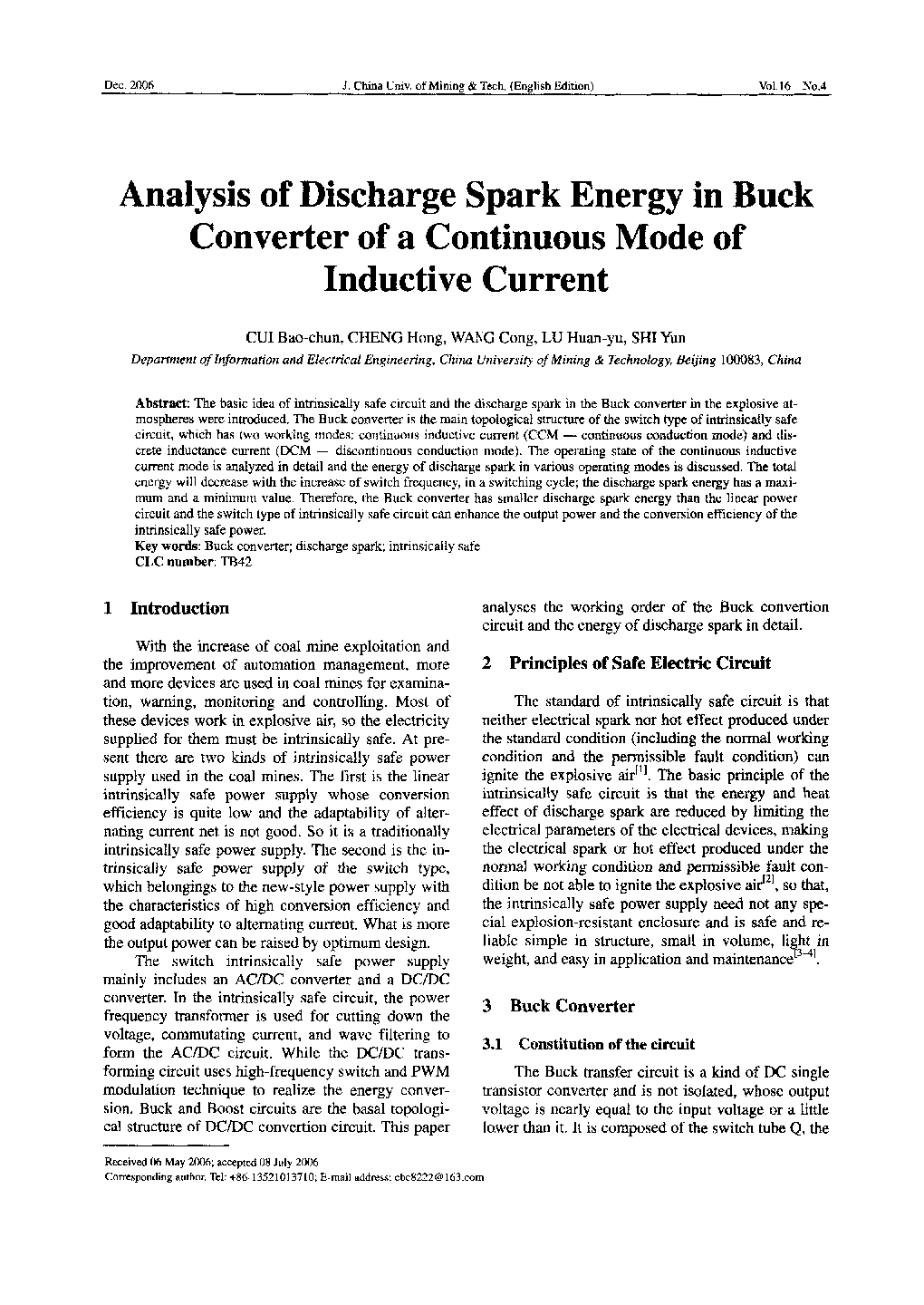 Analysis of Discharge Spark Energy in Buck Converter of a Continuous Mode of Inductive Current