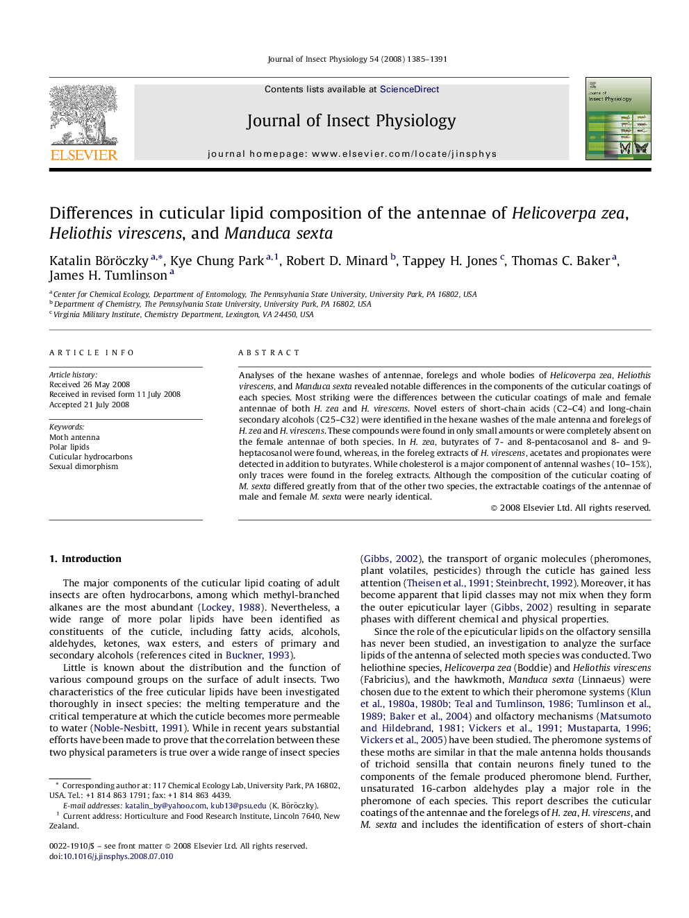 Differences in cuticular lipid composition of the antennae of Helicoverpa zea, Heliothis virescens, and Manduca sexta