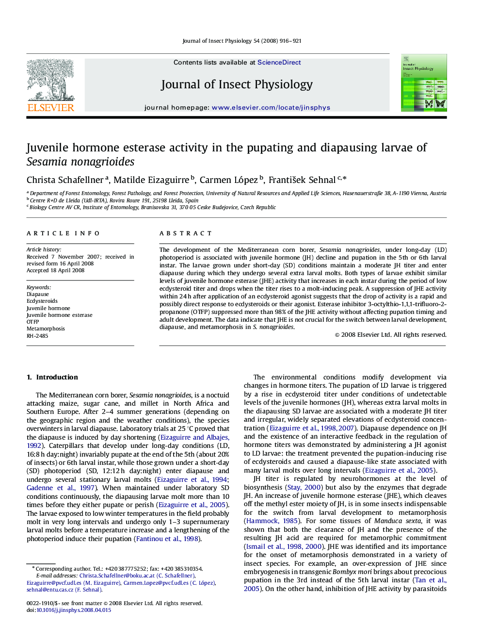 Juvenile hormone esterase activity in the pupating and diapausing larvae of Sesamia nonagrioides