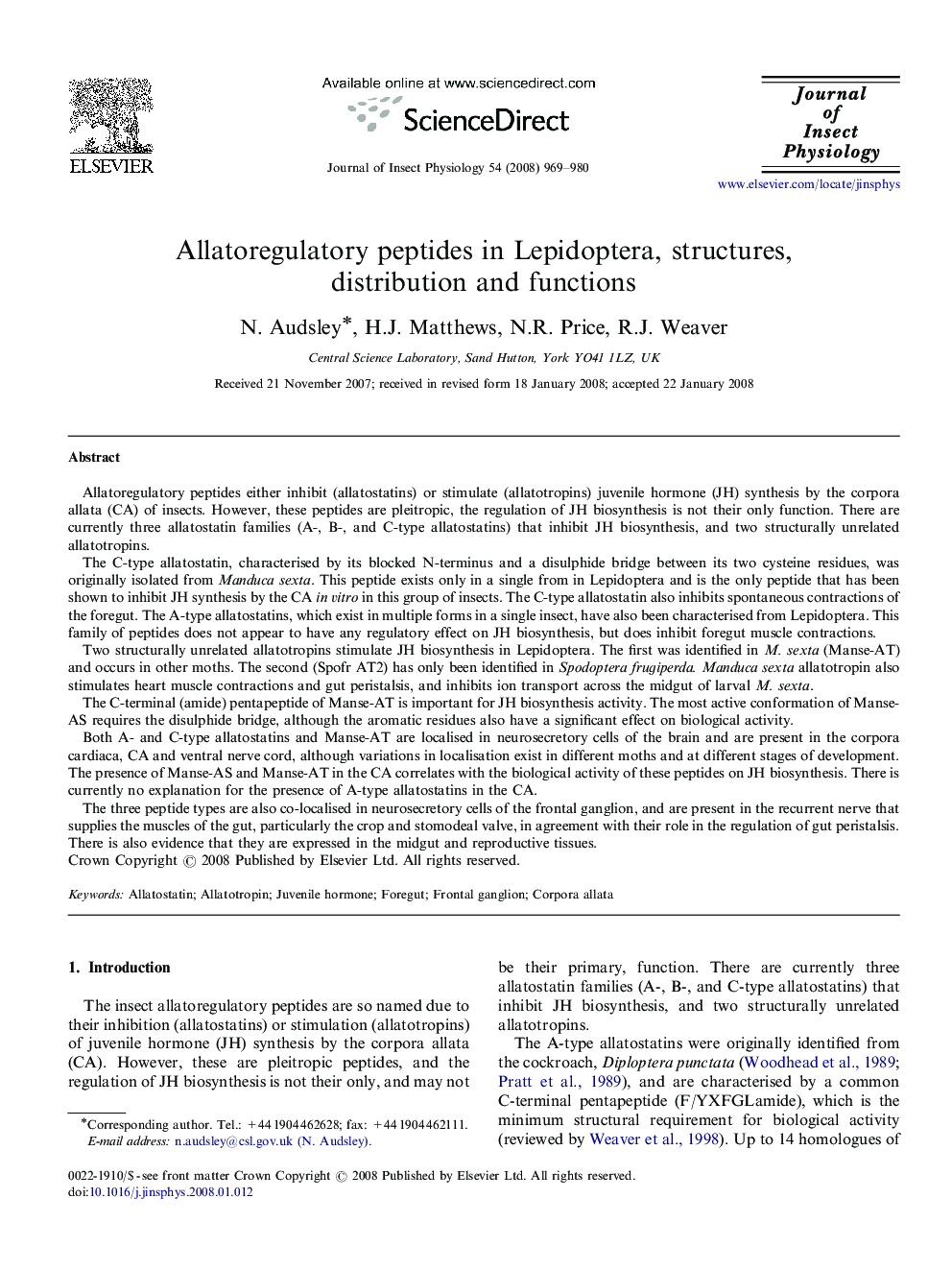 Allatoregulatory peptides in Lepidoptera, structures, distribution and functions