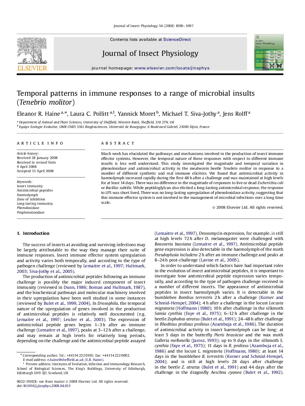 Temporal patterns in immune responses to a range of microbial insults (Tenebrio molitor)