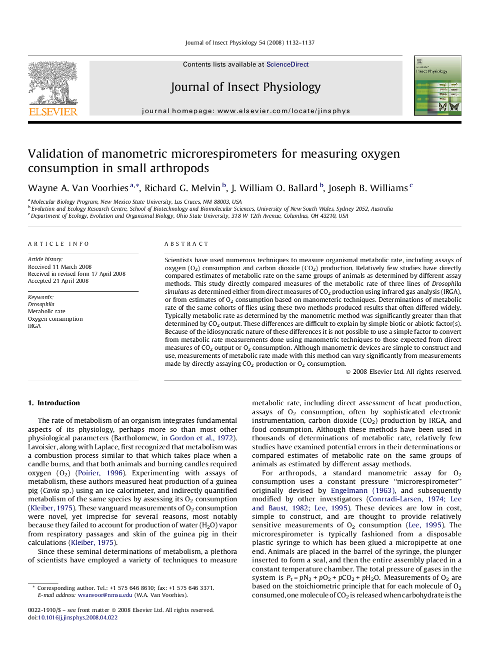 عکس صفحه اول مقاله: Validation of manometric microrespirometers for measuring oxygen consumption in small arthropods Validation of manometric microrespirometers for measuring oxygen consumption in small arthropods