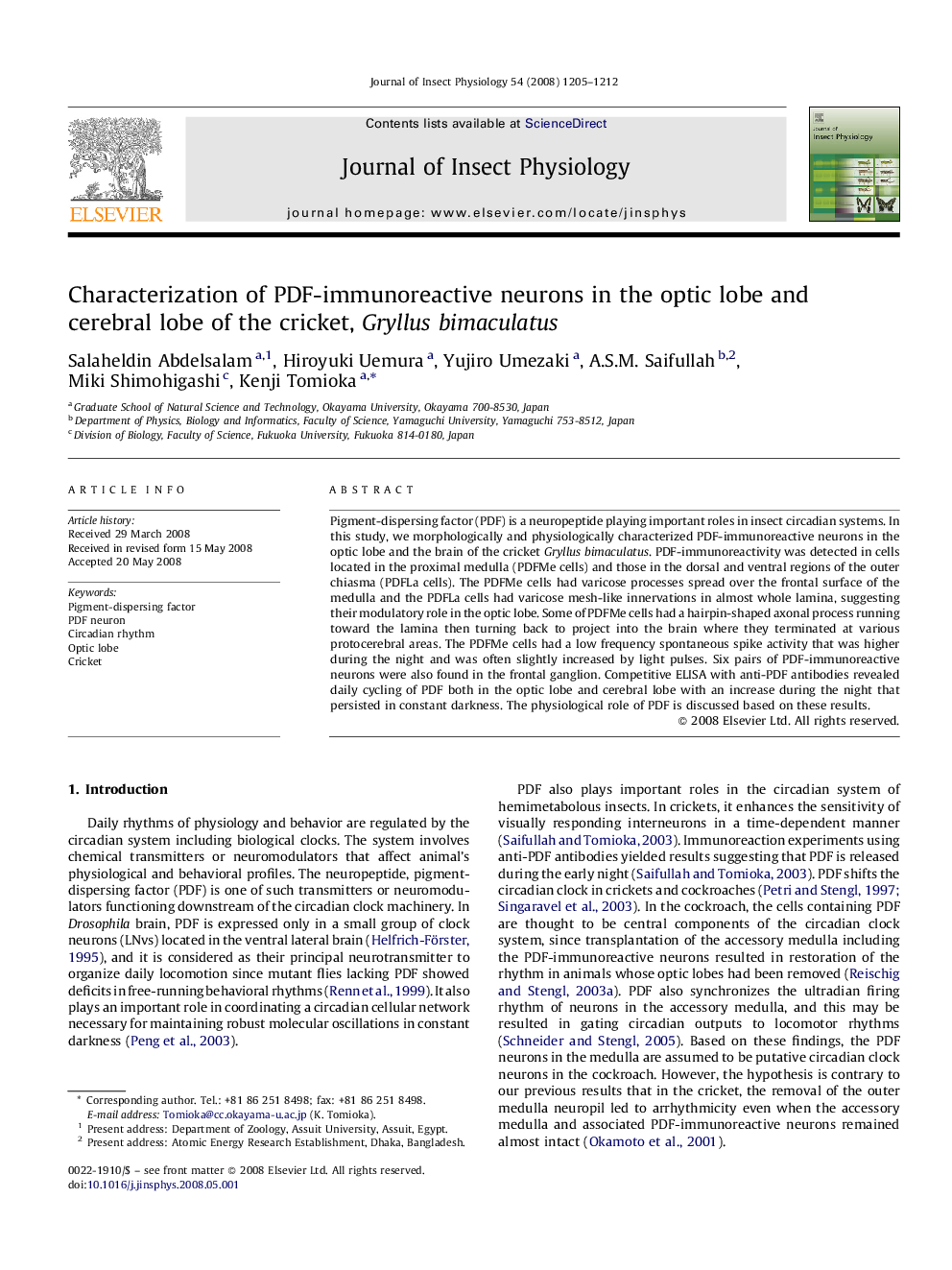 Characterization of PDF-immunoreactive neurons in the optic lobe and cerebral lobe of the cricket, Gryllus bimaculatus