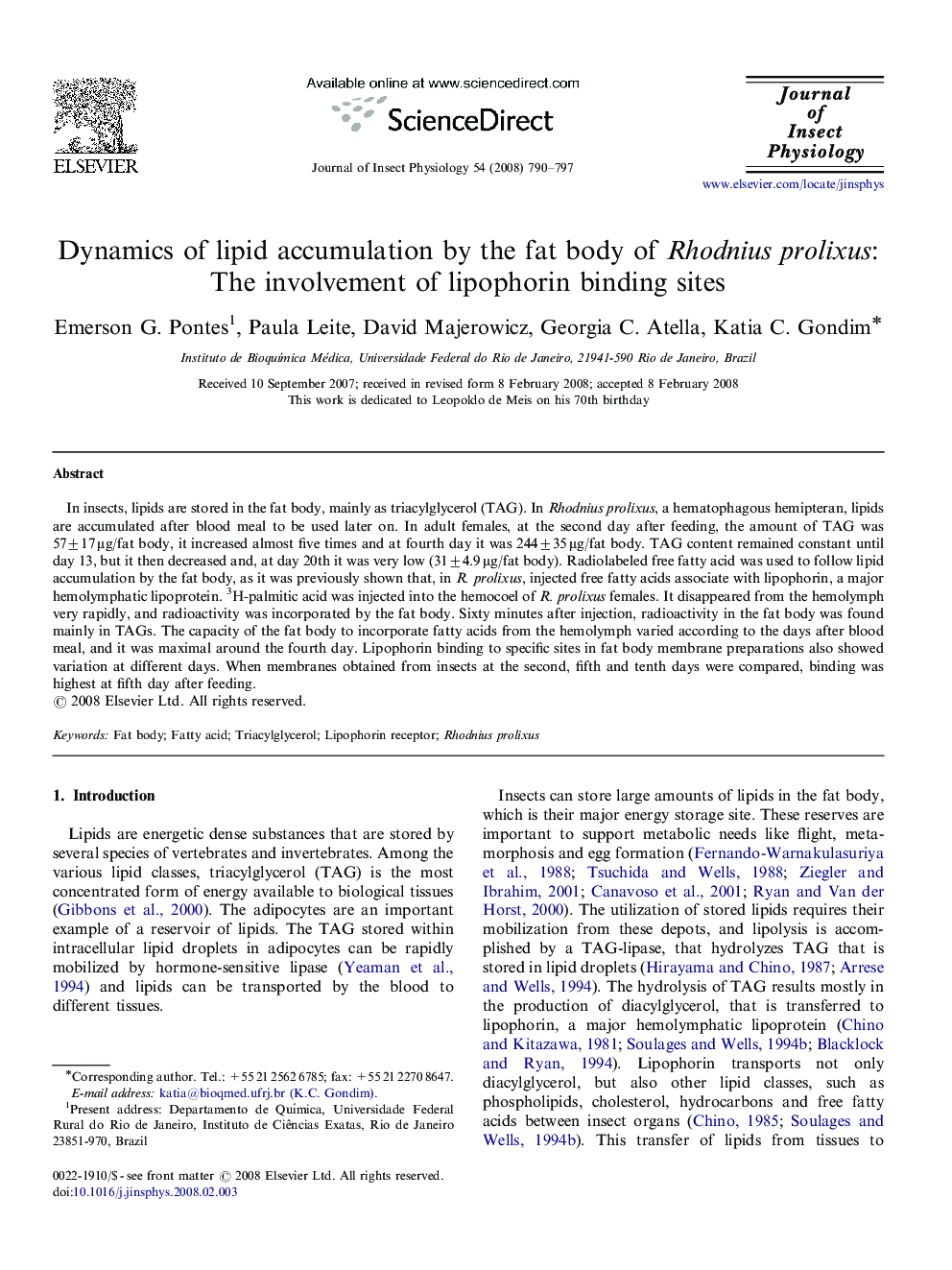 Dynamics of lipid accumulation by the fat body of Rhodnius prolixus: The involvement of lipophorin binding sites