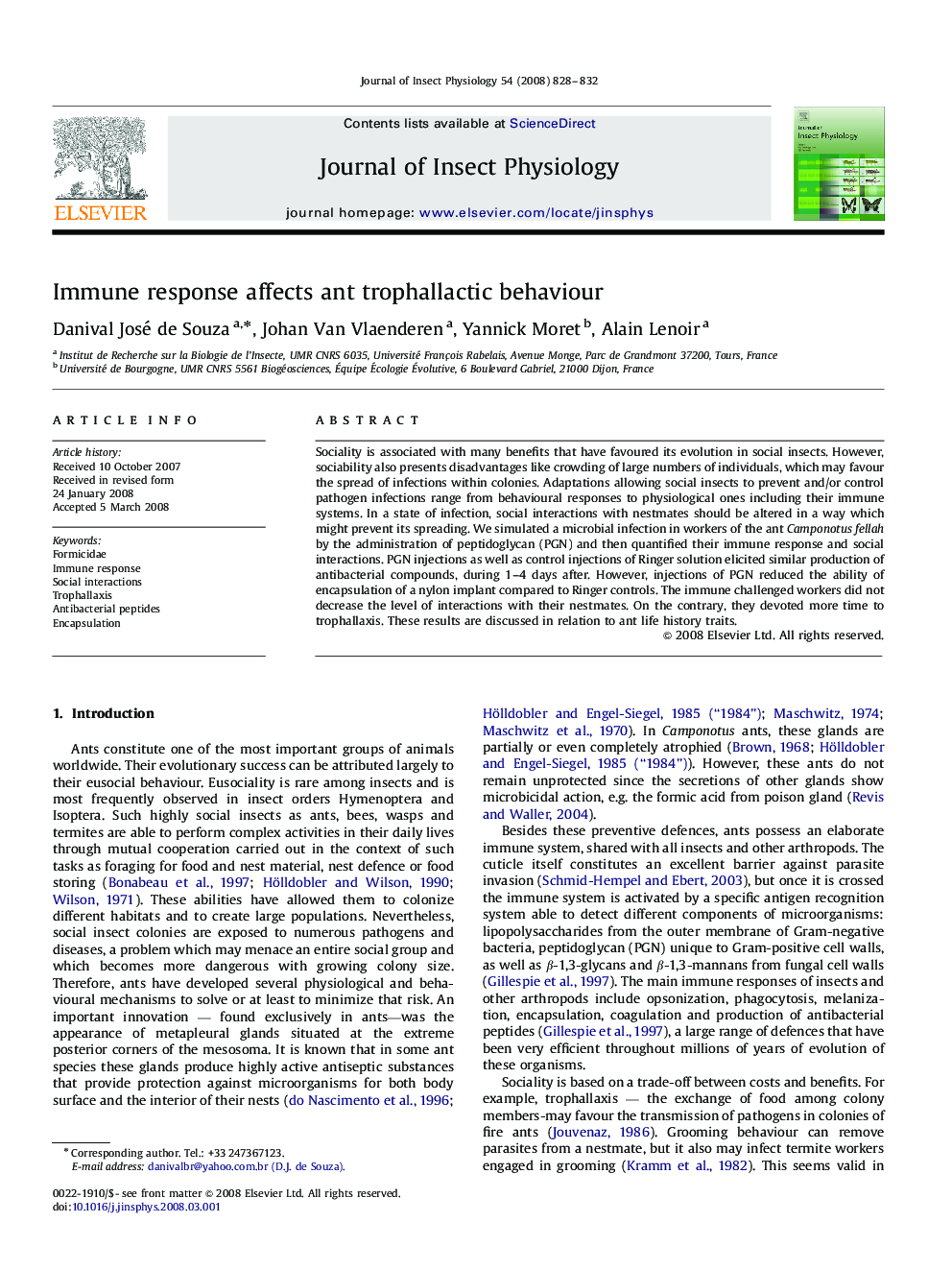 Immune response affects ant trophallactic behaviour