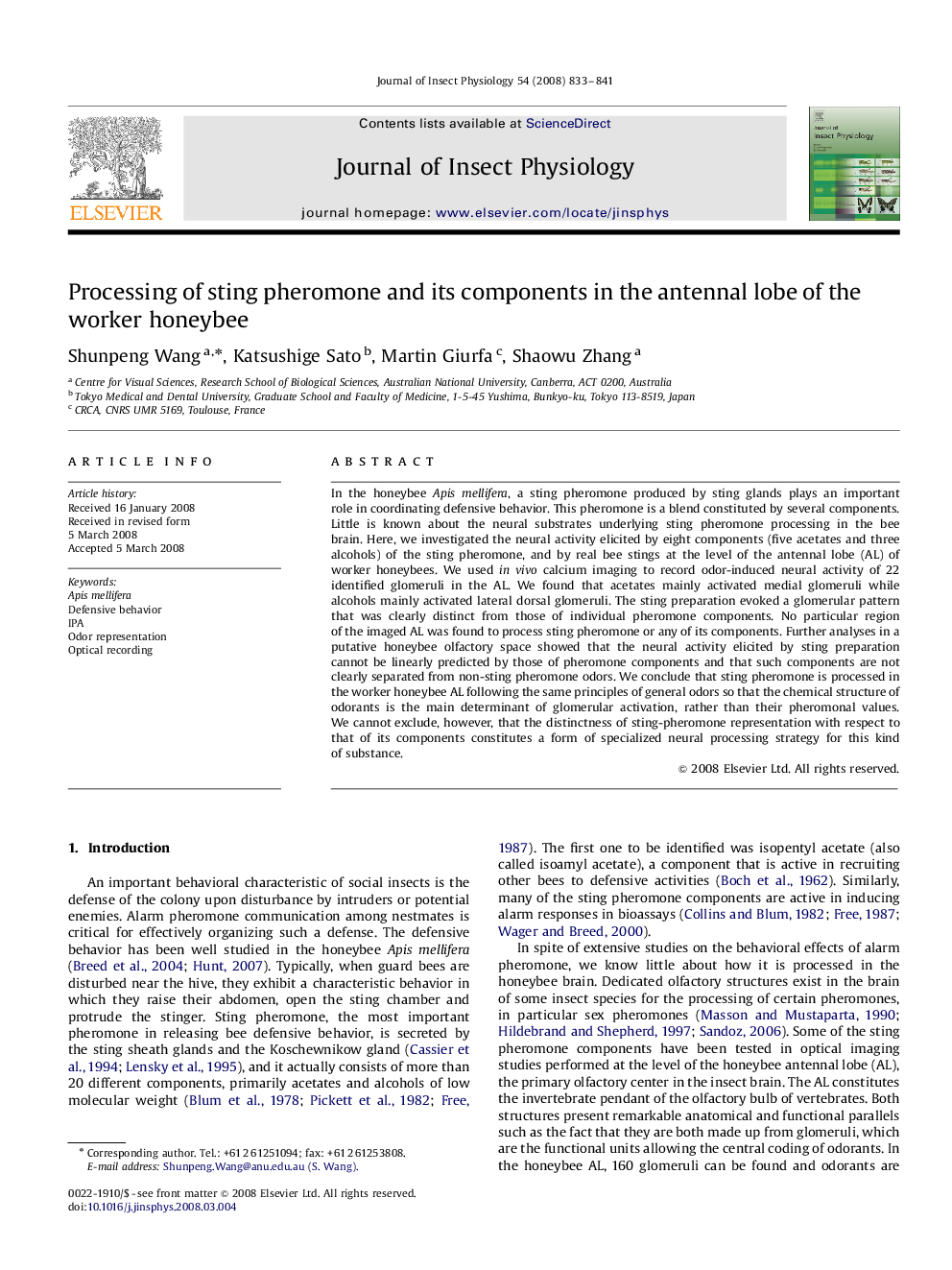 Processing of sting pheromone and its components in the antennal lobe of the worker honeybee