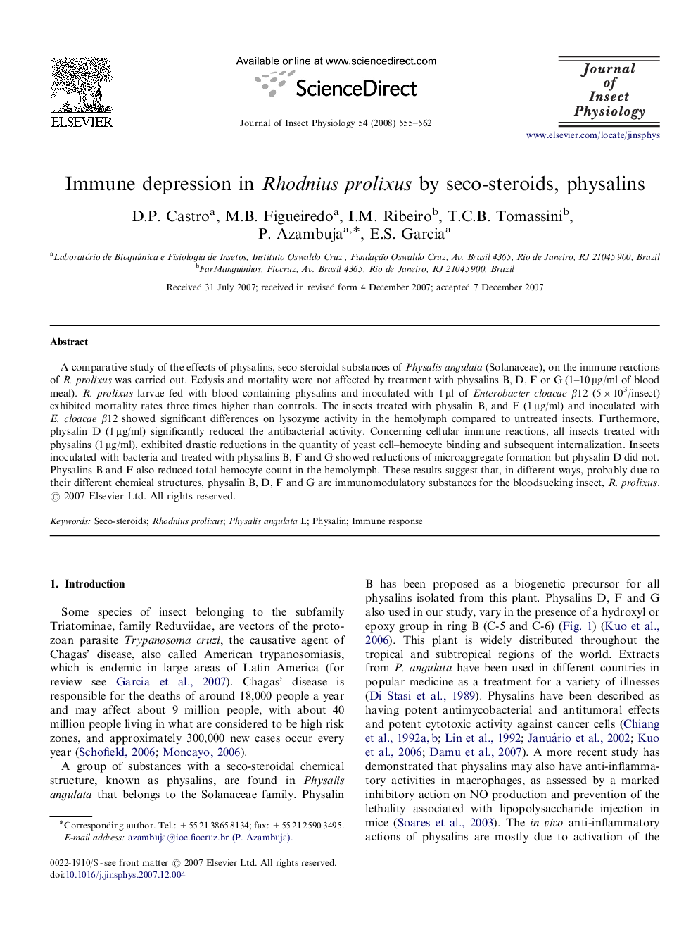 Immune depression in Rhodnius prolixus by seco-steroids, physalins