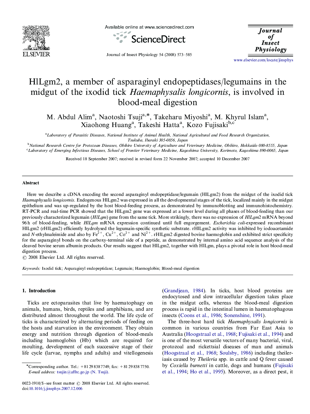 HlLgm2, a member of asparaginyl endopeptidases/legumains in the midgut of the ixodid tick Haemaphysalis longicornis, is involved in blood-meal digestion