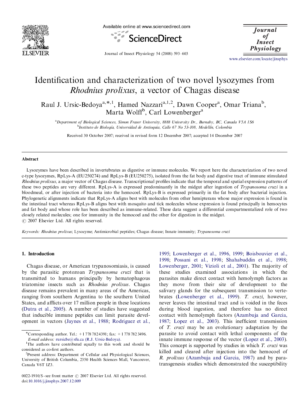 Identification and characterization of two novel lysozymes from Rhodnius prolixus, a vector of Chagas disease