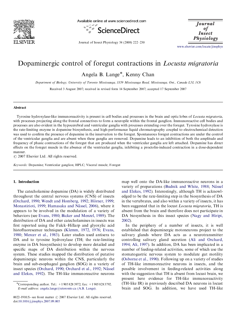 Dopaminergic control of foregut contractions in Locusta migratoria