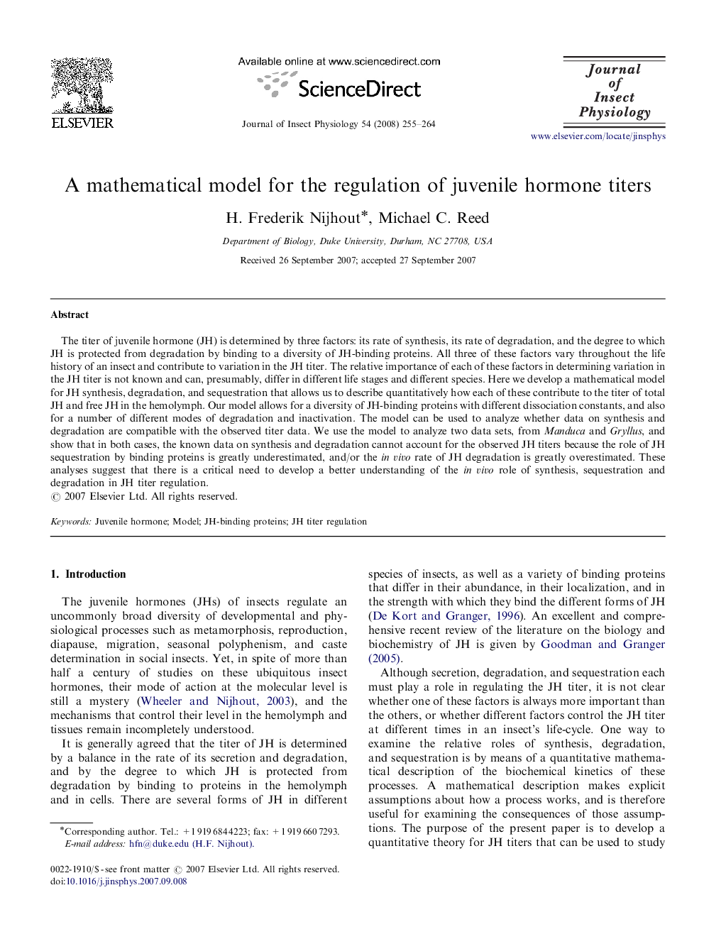 A mathematical model for the regulation of juvenile hormone titers