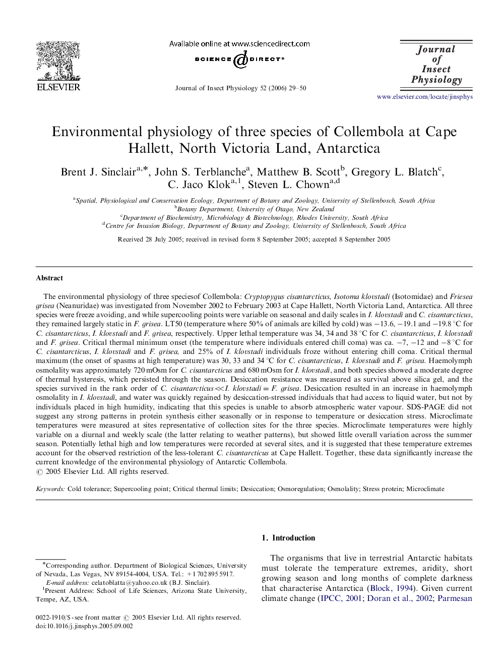 Environmental physiology of three species of Collembola at Cape Hallett, North Victoria Land, Antarctica